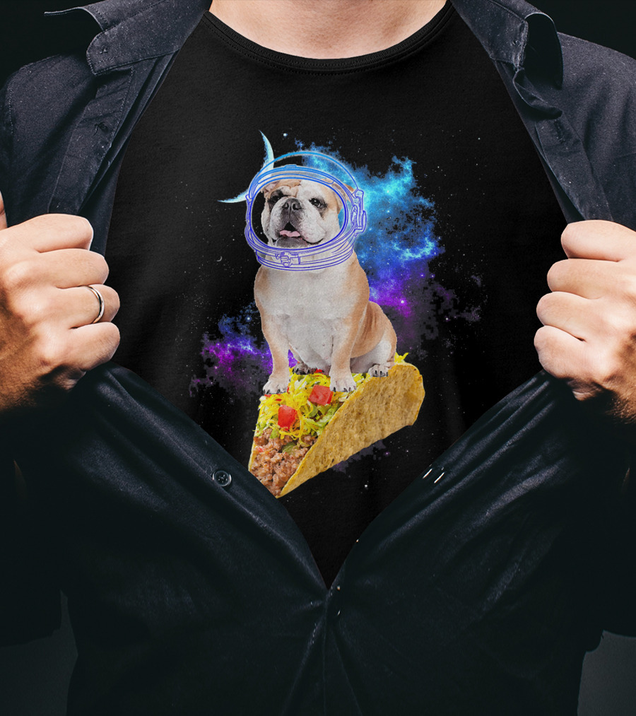 Space English Bulldog Astronaut Riding Taco In Galaxy T-Shirt
