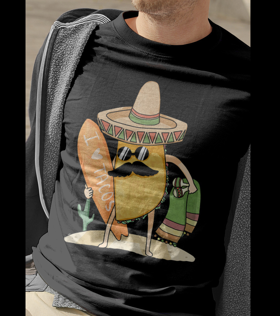 I Love Tacos Funny Mexican Surfing Beach T-Shirt