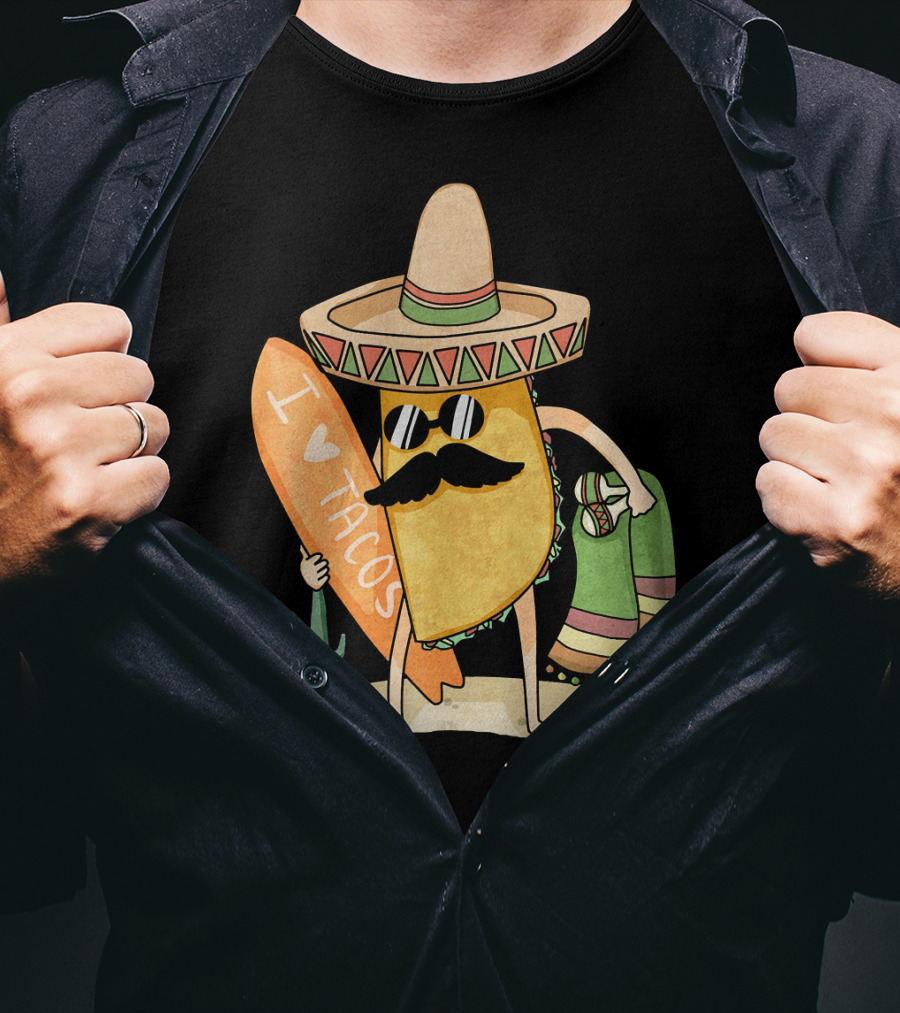 I Love Tacos Funny Mexican Surfing Beach T-Shirt