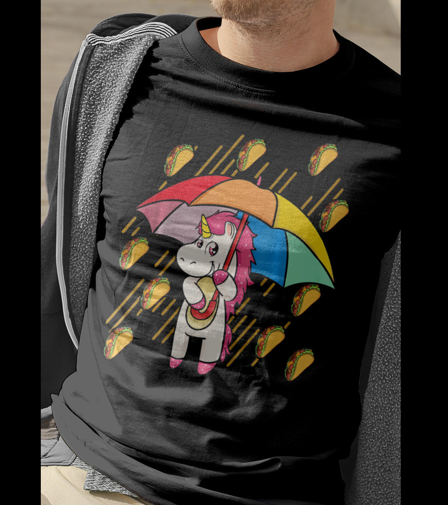 Raining Tacos Unicorn With Rainbow Umbrella T-Shirt