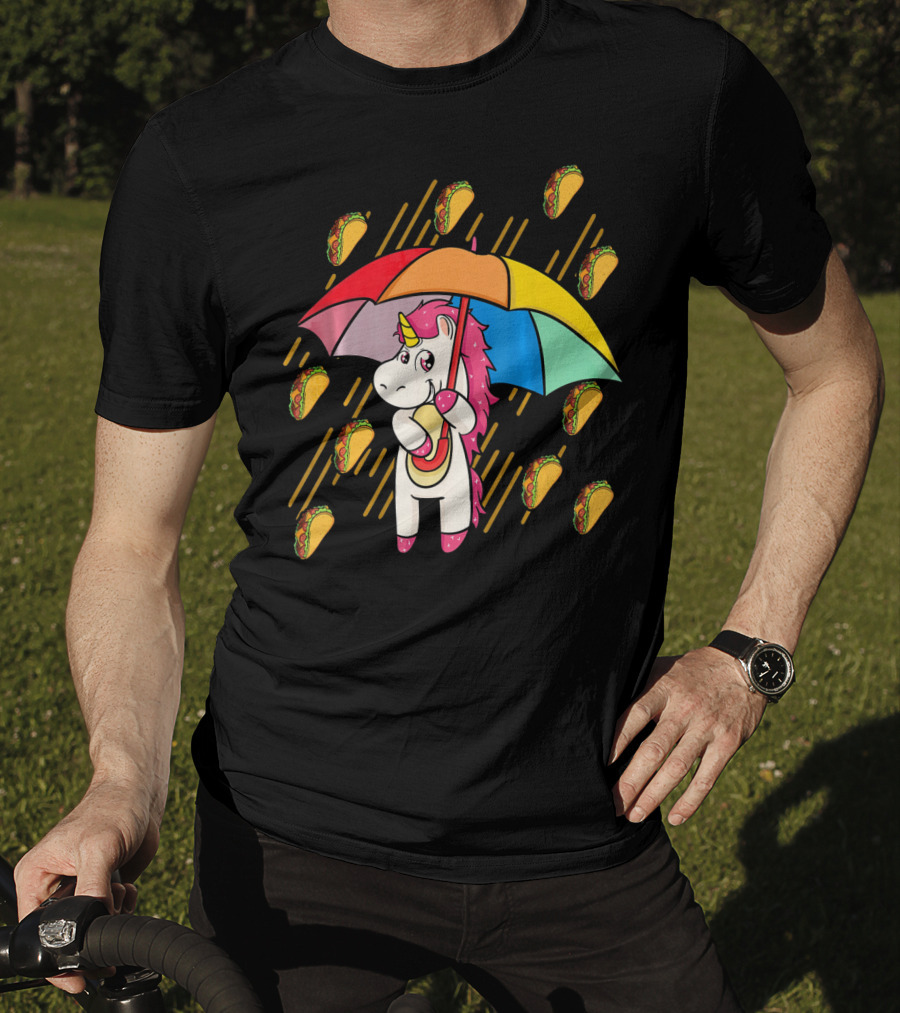 Raining Tacos Unicorn With Rainbow Umbrella T-Shirt
