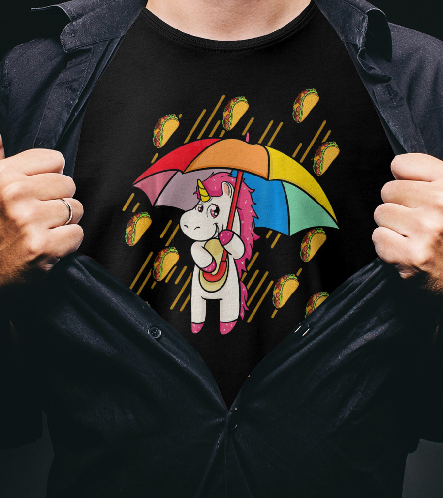 Raining Tacos Unicorn With Rainbow Umbrella T-Shirt