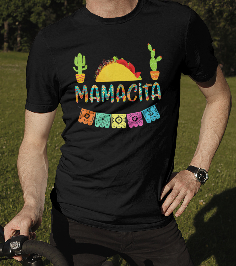 Mamacita Taco Mexican Fiesta Cactus With Colorful Papel Picado Banners T-Shirt