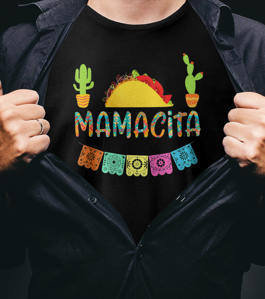 Mamacita Taco Mexican Fiesta Cactus With Colorful Papel Picado Banners T-Shirt