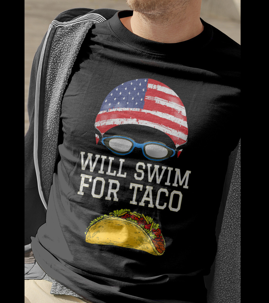 Will Swim For Taco Funny Swimming Goggles American Flag Cap T-Shirt
