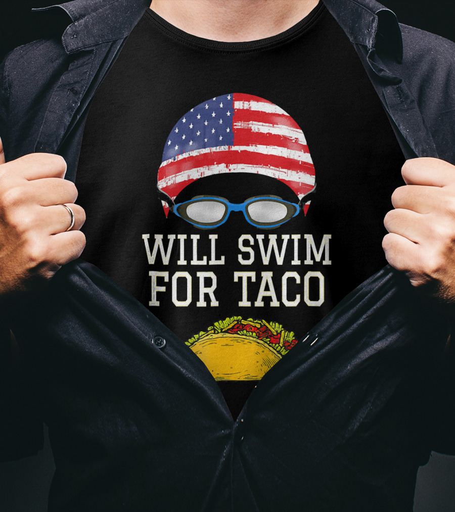 Will Swim For Taco Funny Swimming Goggles American Flag Cap T-Shirt