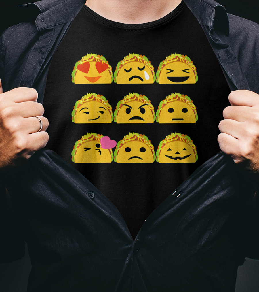 Taco Emoji Faces Heart Eyes Sad Crying Wink Kiss Laughing Pumpkin T-Shirt