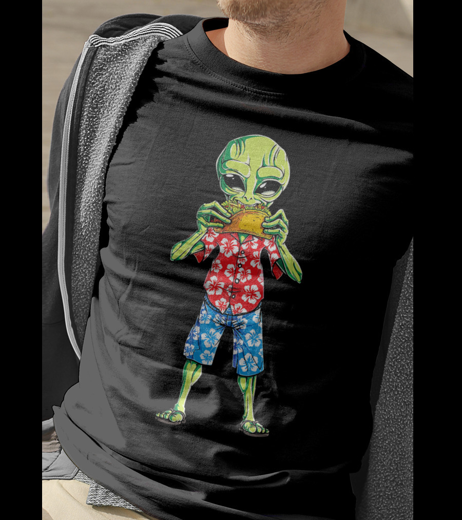 Alien Eating Taco In Hawaiian Shirt 70s California Retro T-Shirt