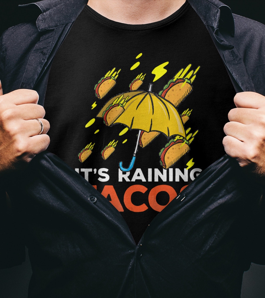It's Raining Tacos Fun With Yellow Umbrella And Flying Tacos T-Shirt