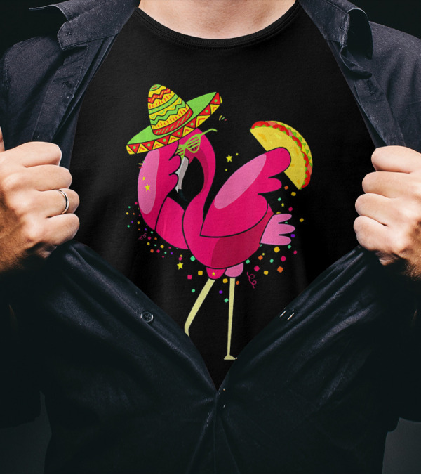 Funny Flamingo Dabbing With Taco Sombrero Cinco De Mayo T-Shirt