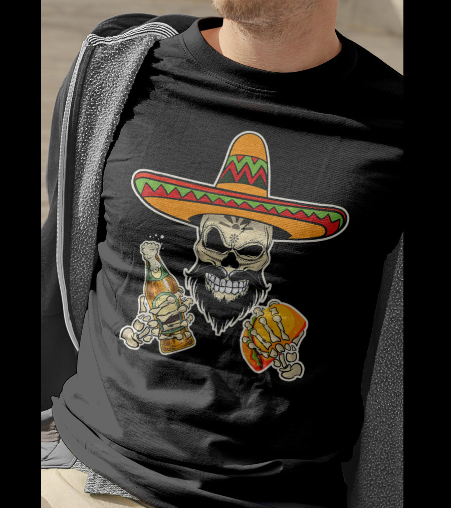 Sombrero-Wearing Sugar Skull With Beer And Tacos T-Shirt