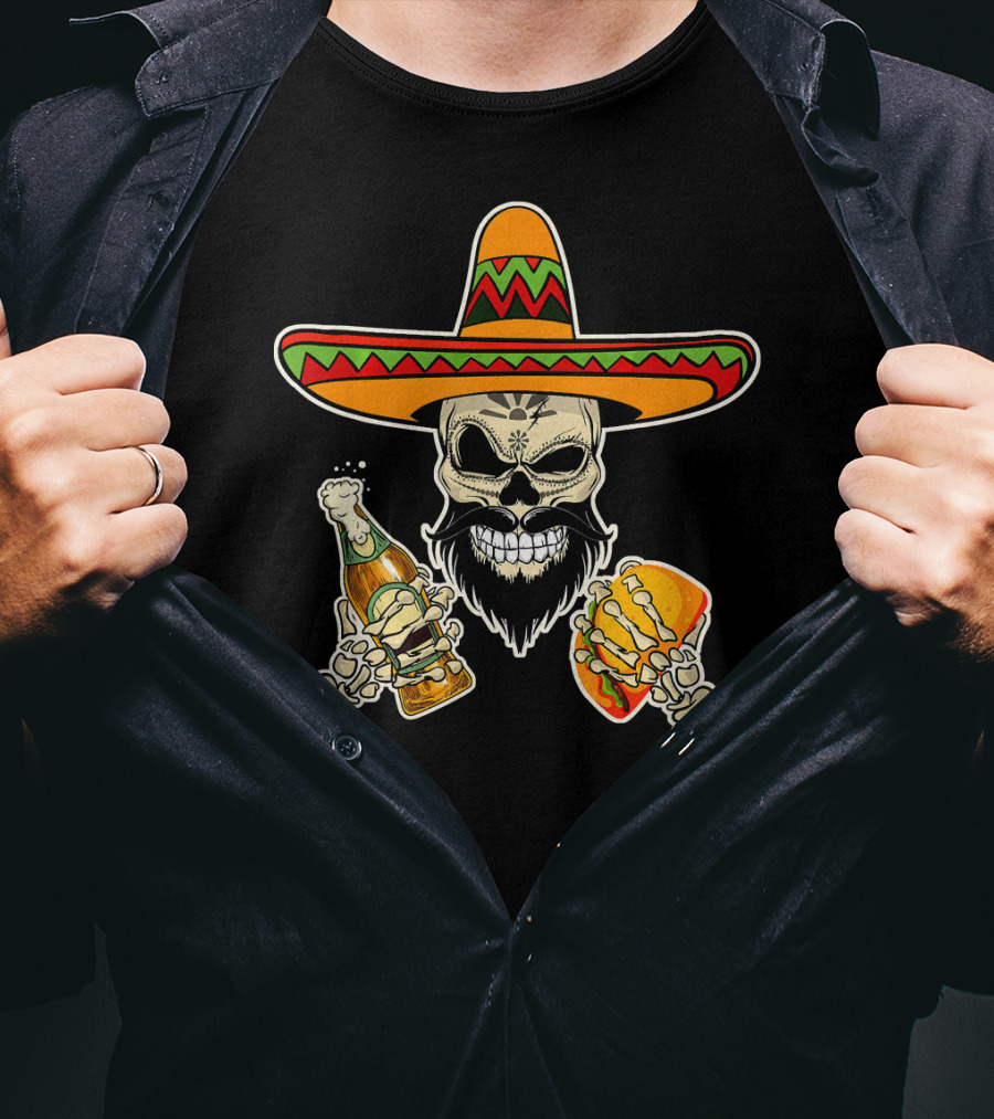 Sombrero-Wearing Sugar Skull With Beer And Tacos T-Shirt