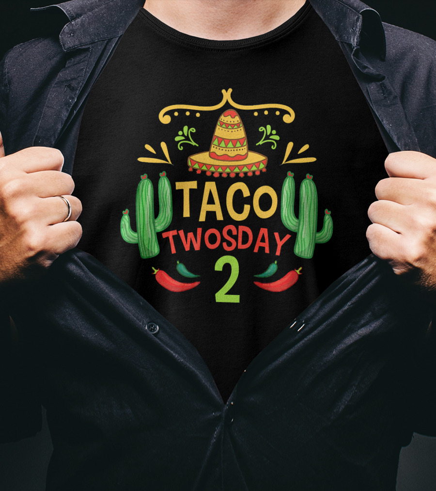 Taco Twosday 2 Sombrero Cactus Peppers For Two Year Old Boy T-Shirt