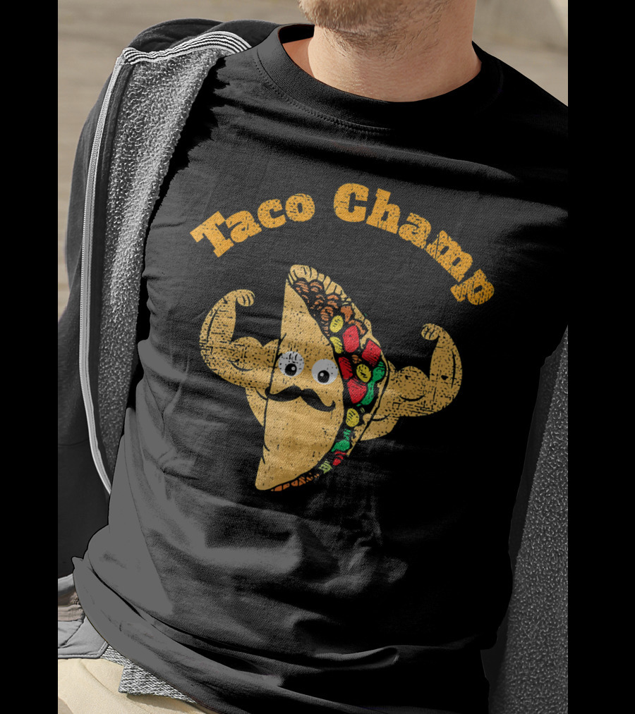 Taco Champ Flexing Strong Mustache Taco Emoji T-Shirt