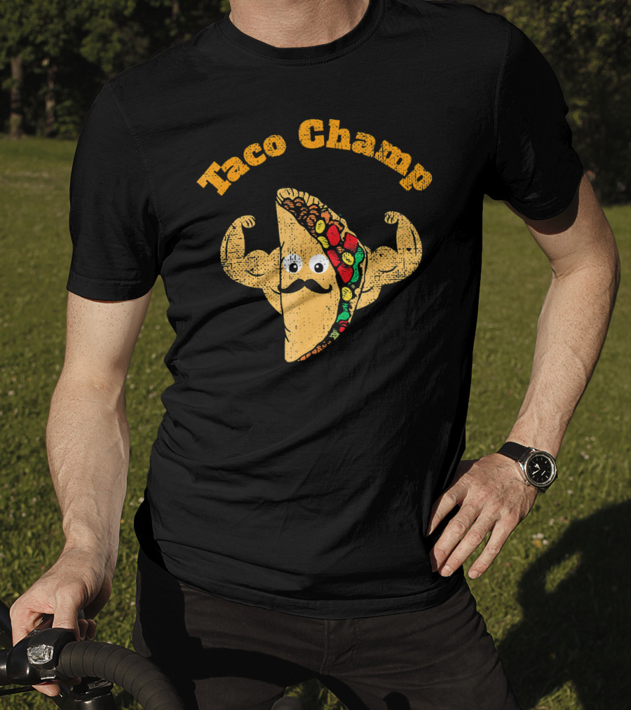 Taco Champ Flexing Strong Mustache Taco Emoji T-Shirt
