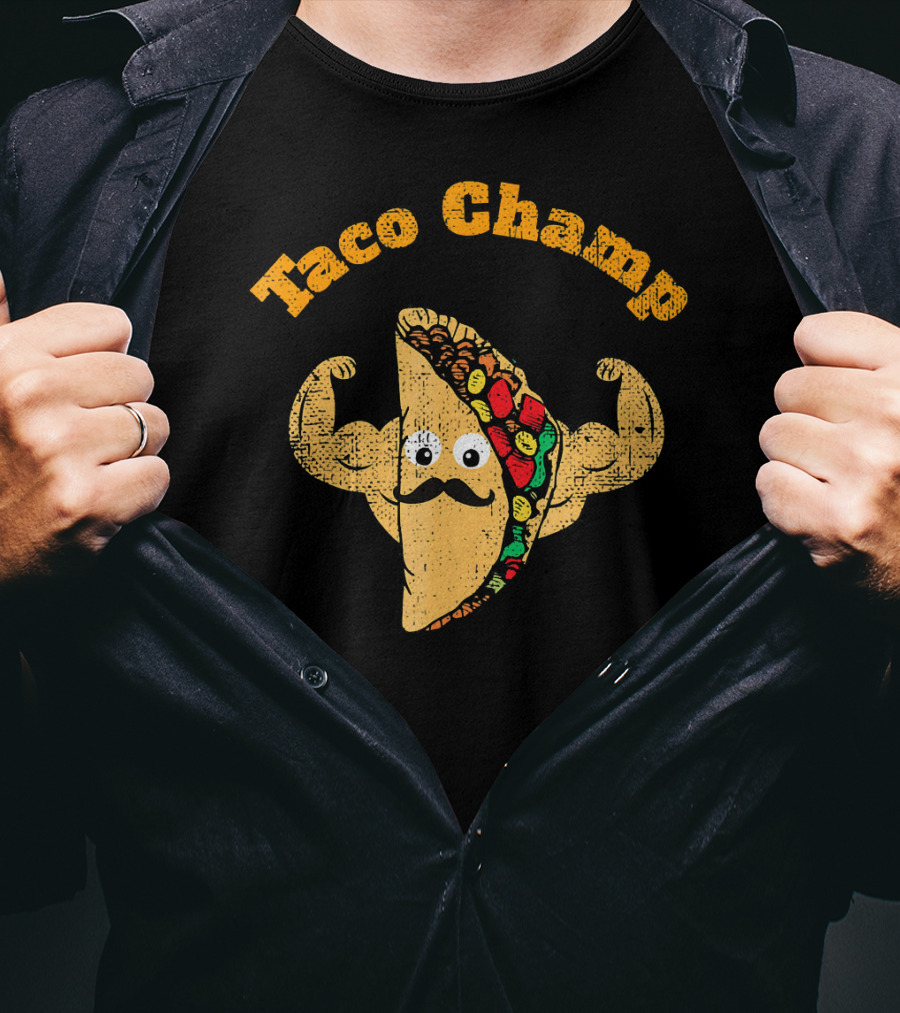 Taco Champ Flexing Strong Mustache Taco Emoji T-Shirt