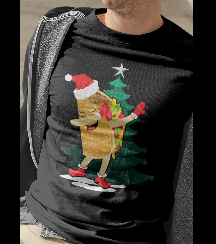 Dabbing Taco Christmas Santa Hat And Tree T-Shirt