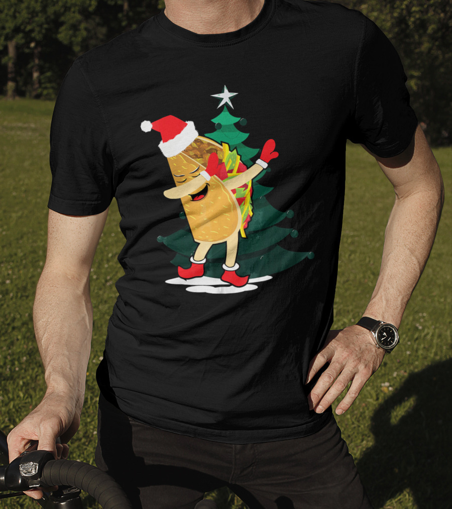 Dabbing Taco Christmas Santa Hat And Tree T-Shirt