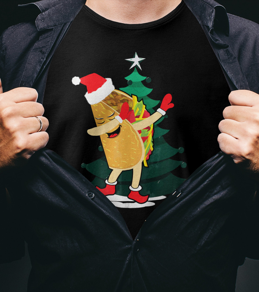 Dabbing Taco Christmas Santa Hat And Tree T-Shirt