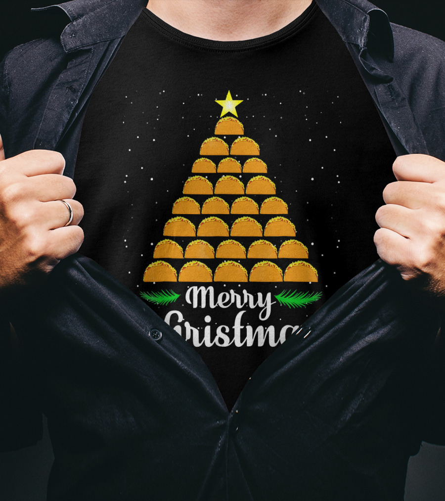 Merry Christmas Taco Tree With Star And Snowflakes T-Shirt