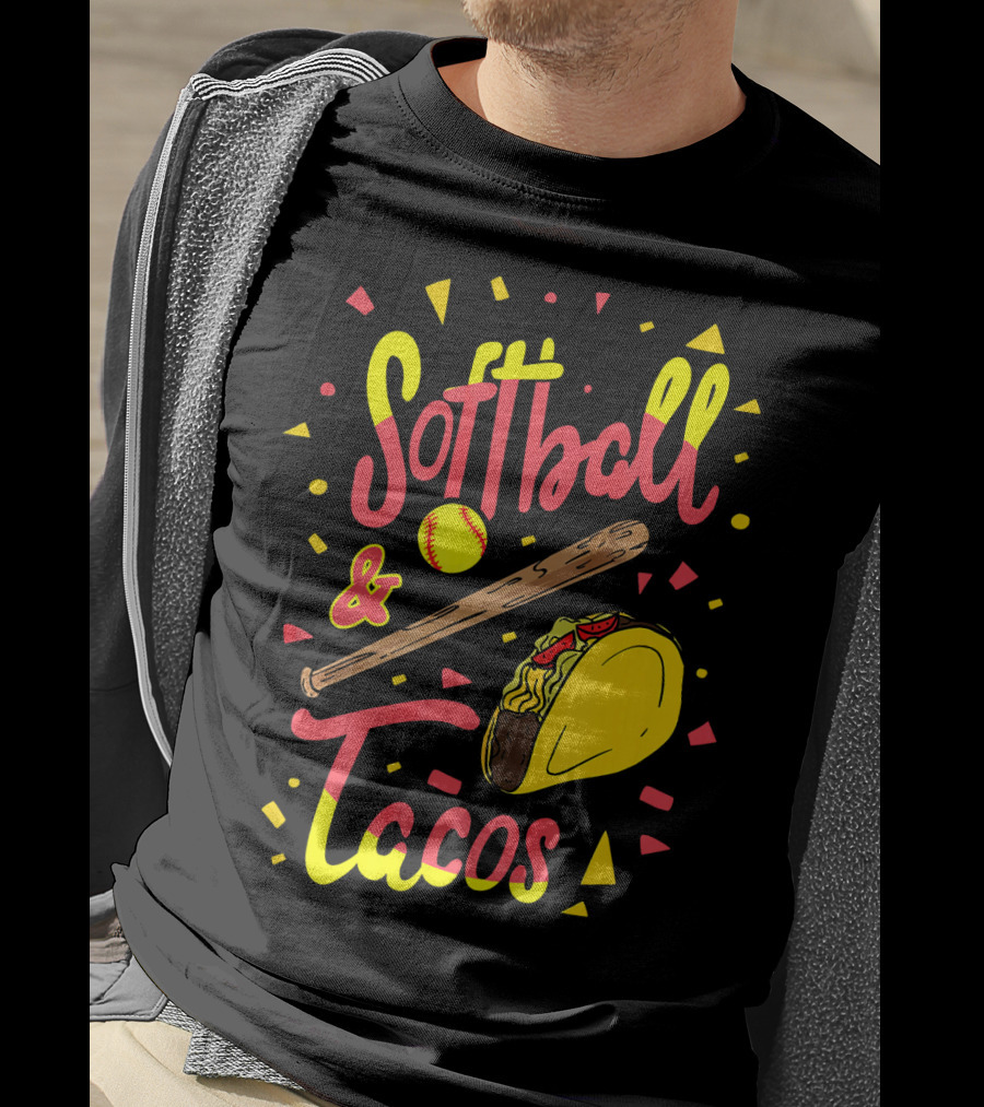 Softball And Tacos Funny Taco And Mexican Softball Bat And Ball Icons T-Shirt