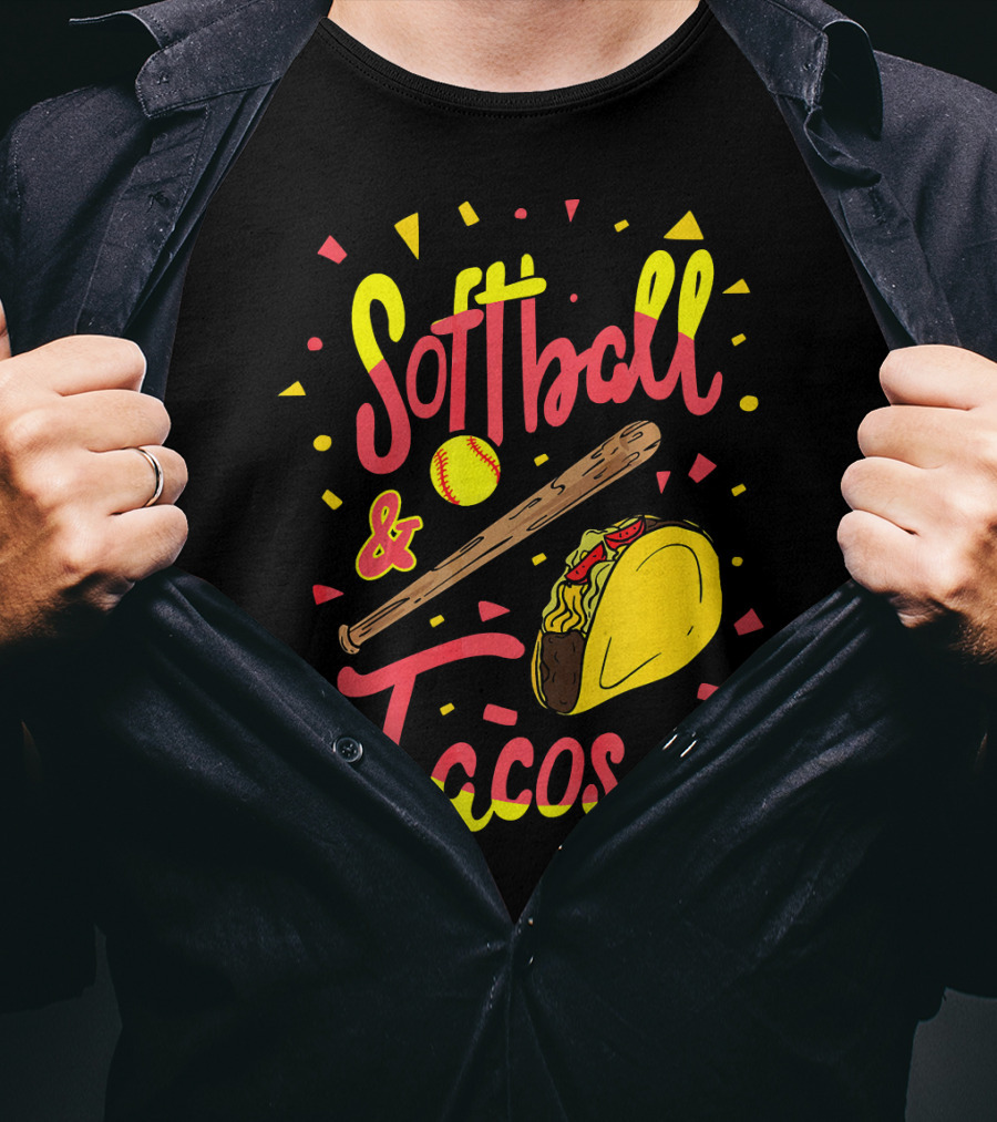 Softball And Tacos Funny Taco And Mexican Softball Bat And Ball Icons T-Shirt