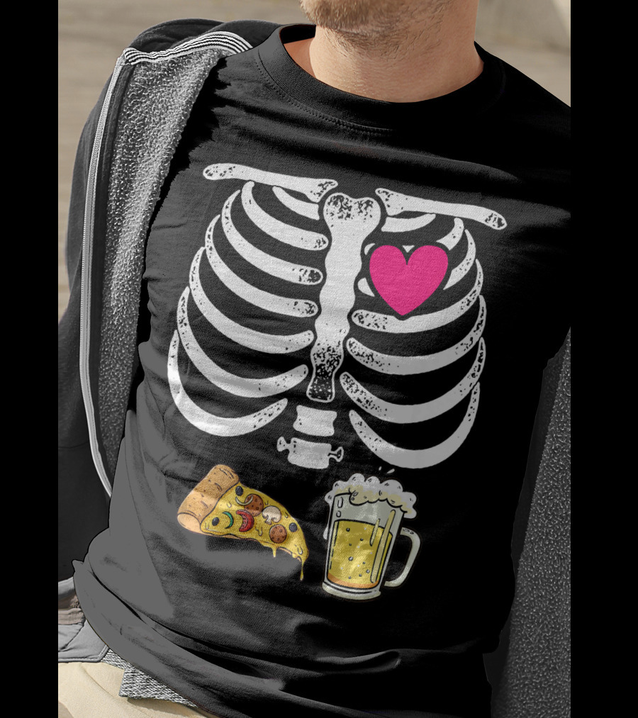 Skeleton Heart Pizza And Beer Xray T-Shirt