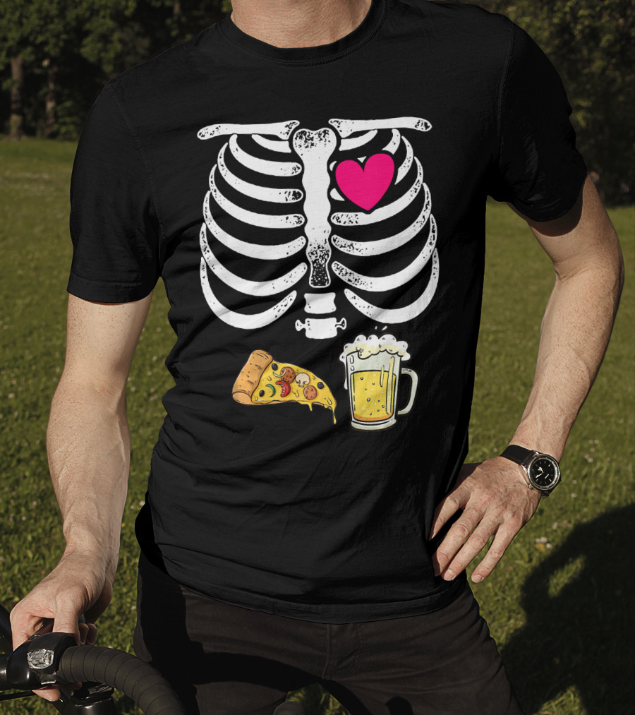 Skeleton Heart Pizza And Beer Xray T-Shirt