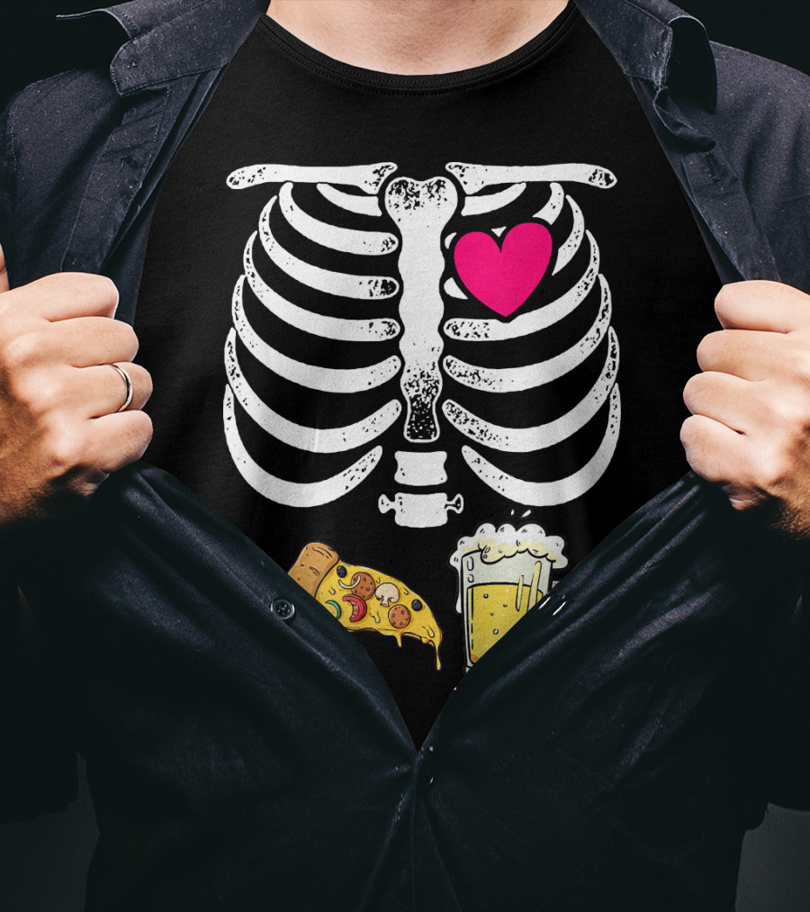 Skeleton Heart Pizza And Beer Xray T-Shirt