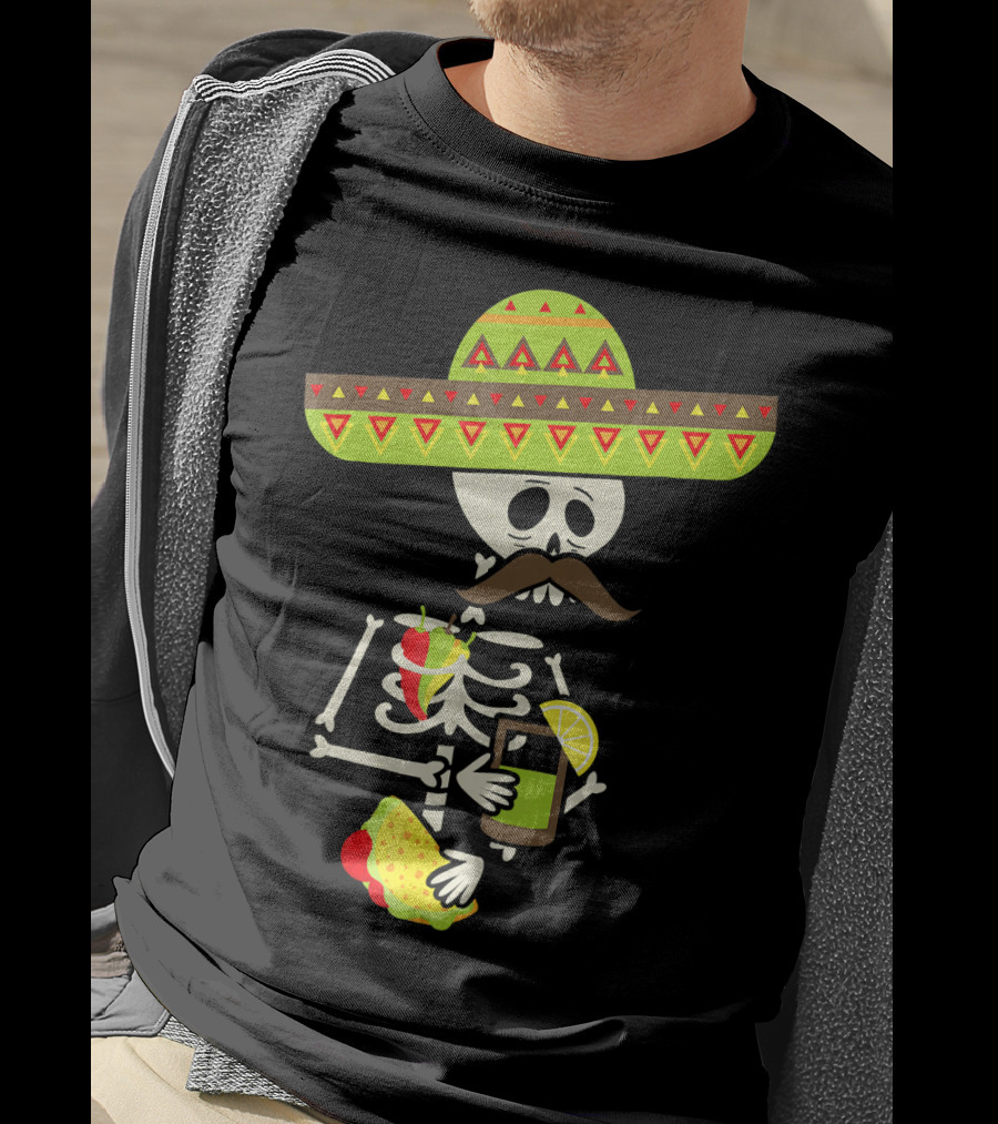 Mexican Skeleton Sombrero Holding Tequila Chili Tacos T-Shirt