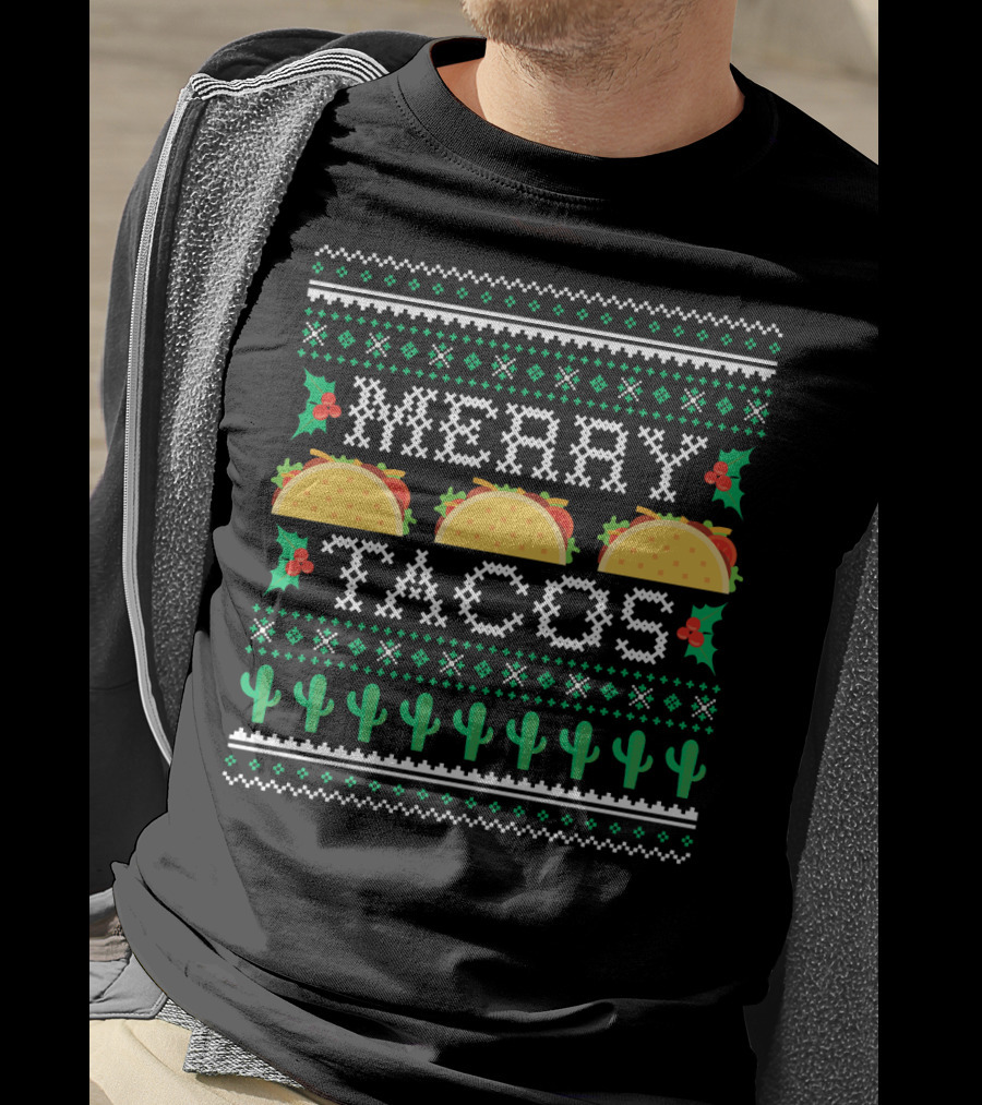 Merry Tacos Ugly Christmas Cactus Holly T-Shirt