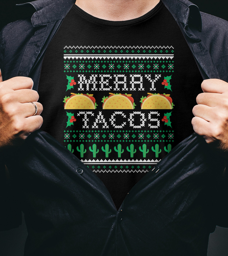 Merry Tacos Ugly Christmas Cactus Holly T-Shirt
