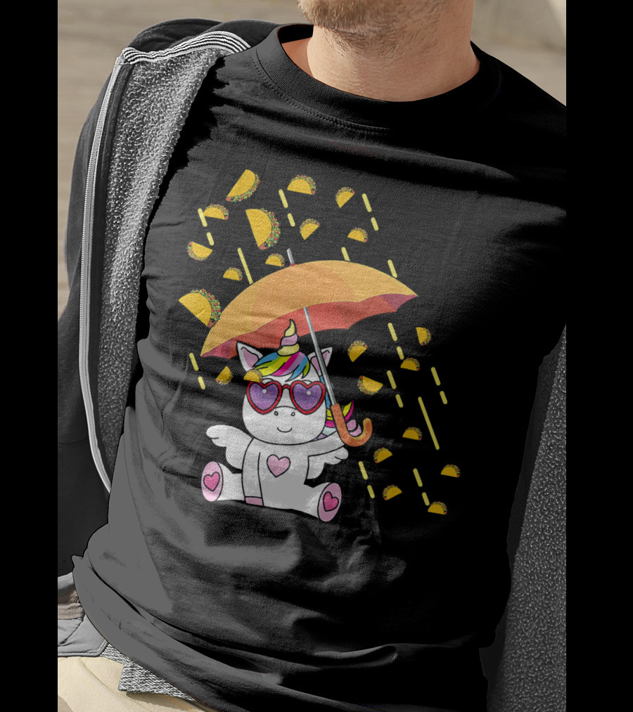 Its Raining Tacos Funny Unicorn With Umbrella And Sunglasses T-Shirt