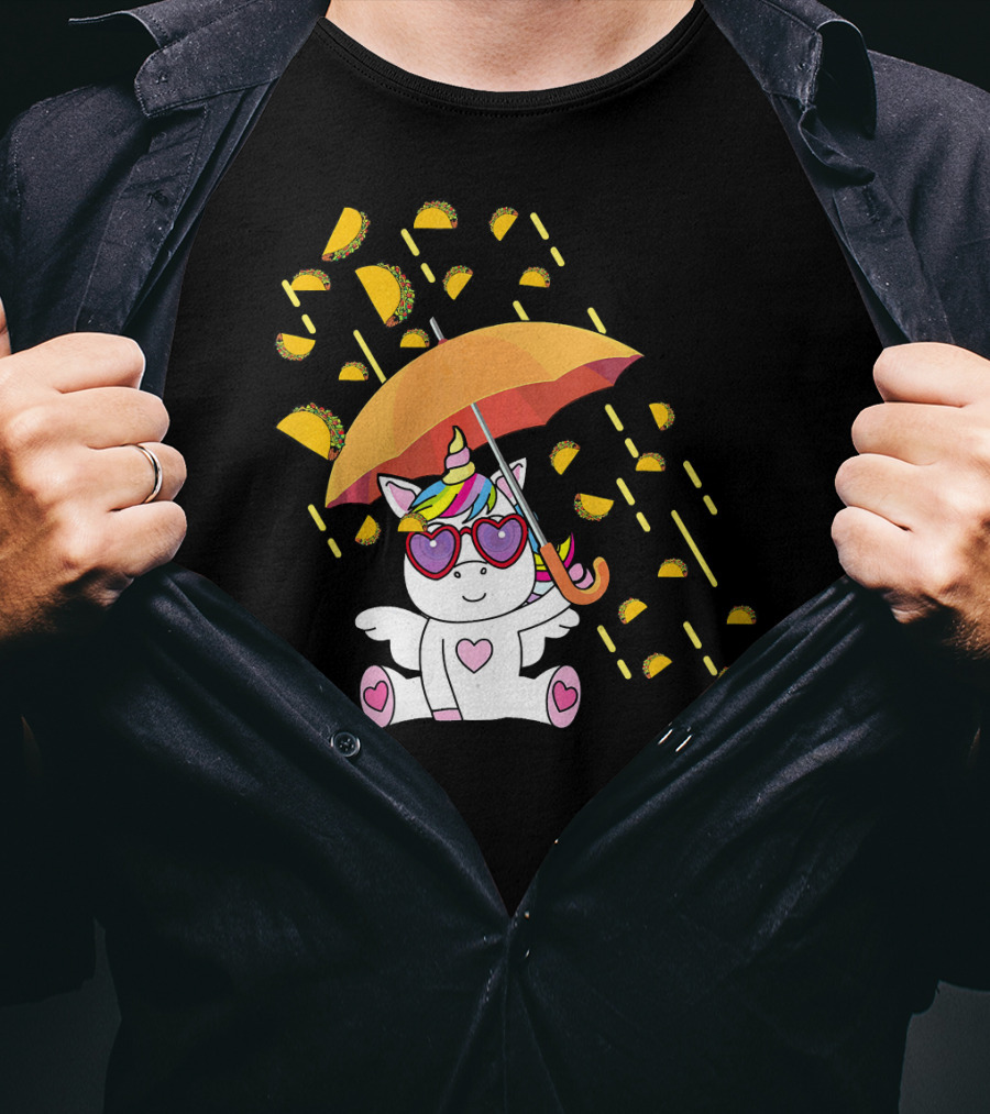 Its Raining Tacos Funny Unicorn With Umbrella And Sunglasses T-Shirt