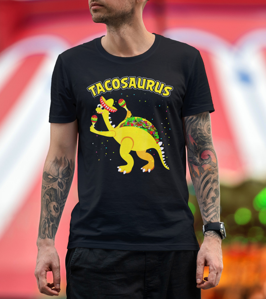 Tacosaurus Dinosaur Celebrating with Maracas and Sombrero T-Shirt