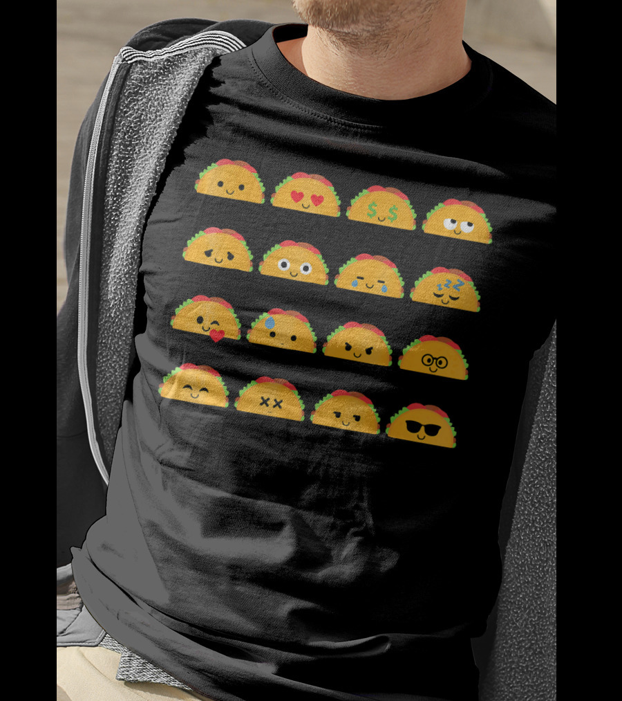 Taco Emoji Faces With Heart Eyes, Money, Glasses, Sunglasses, And Sleepy Expressions T-Shirt