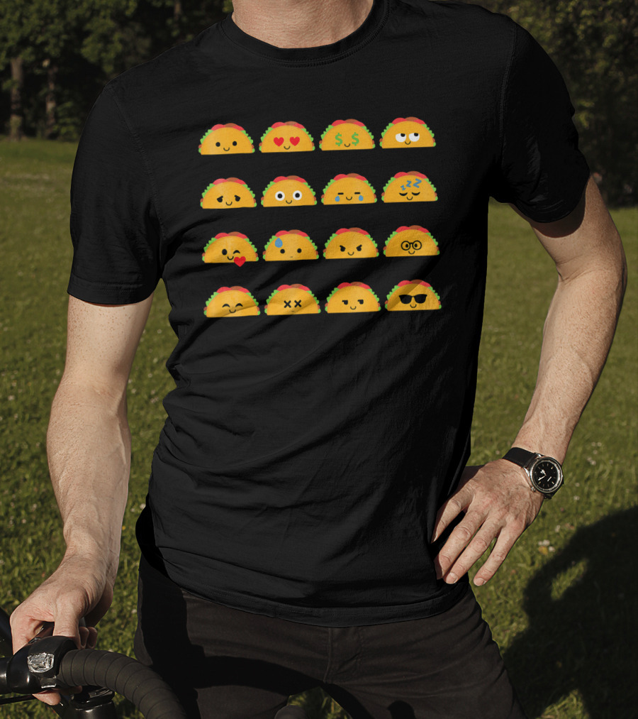 Taco Emoji Faces With Heart Eyes, Money, Glasses, Sunglasses, And Sleepy Expressions T-Shirt