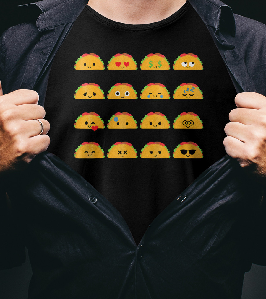 Taco Emoji Faces With Heart Eyes, Money, Glasses, Sunglasses, And Sleepy Expressions T-Shirt