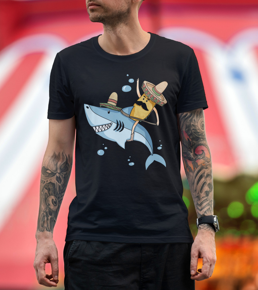 Taco Guy Riding Sombrero Shark Funny Mexican Style Long T-Shirt