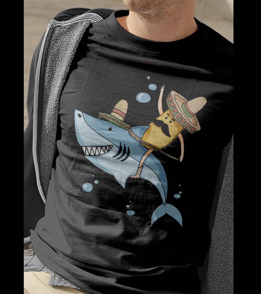 Taco Guy Riding Sombrero Shark Funny Mexican Style Long T-Shirt