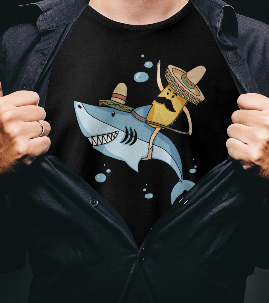 Taco Guy Riding Sombrero Shark Funny Mexican Style Long T-Shirt