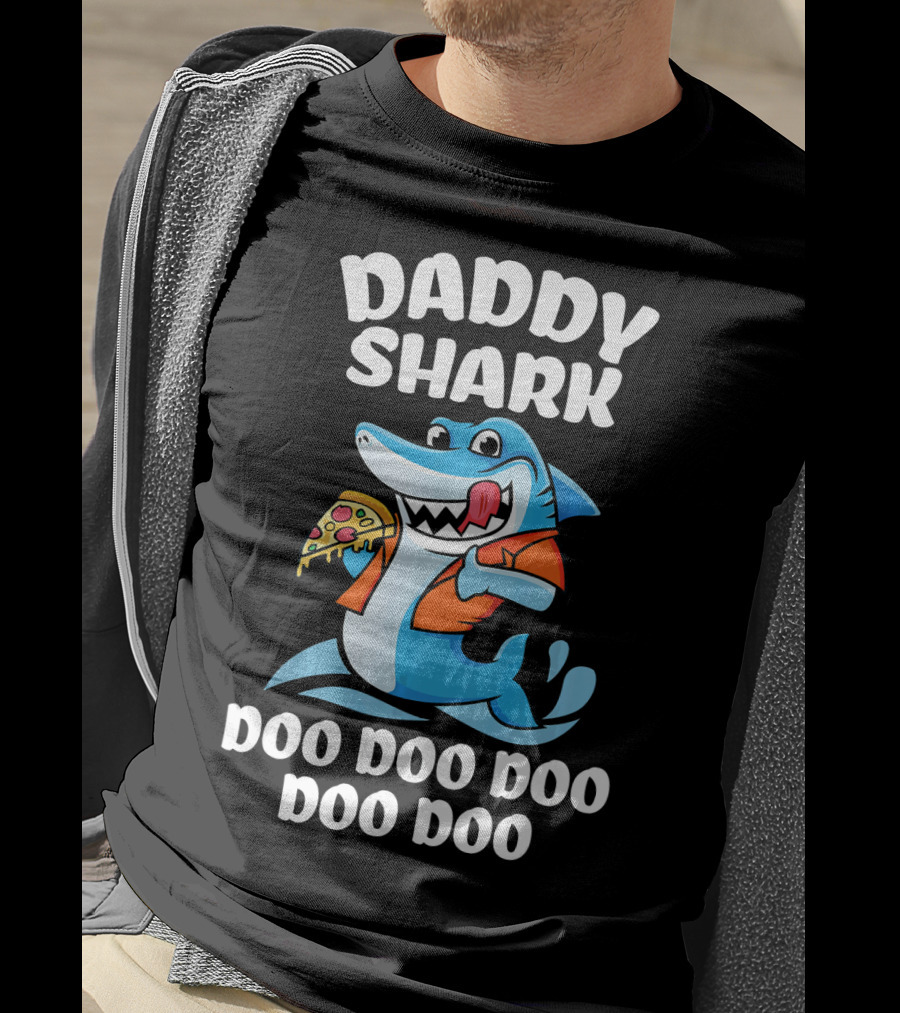 Daddy Shark Doo Doo Doo Doo Pizza Eating Cartoon Shark T-Shirt