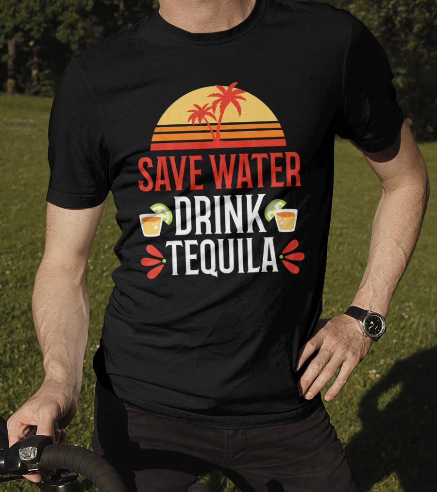 Save Water Drink Tequila Mexican Palm Sunset Lime T-Shirt