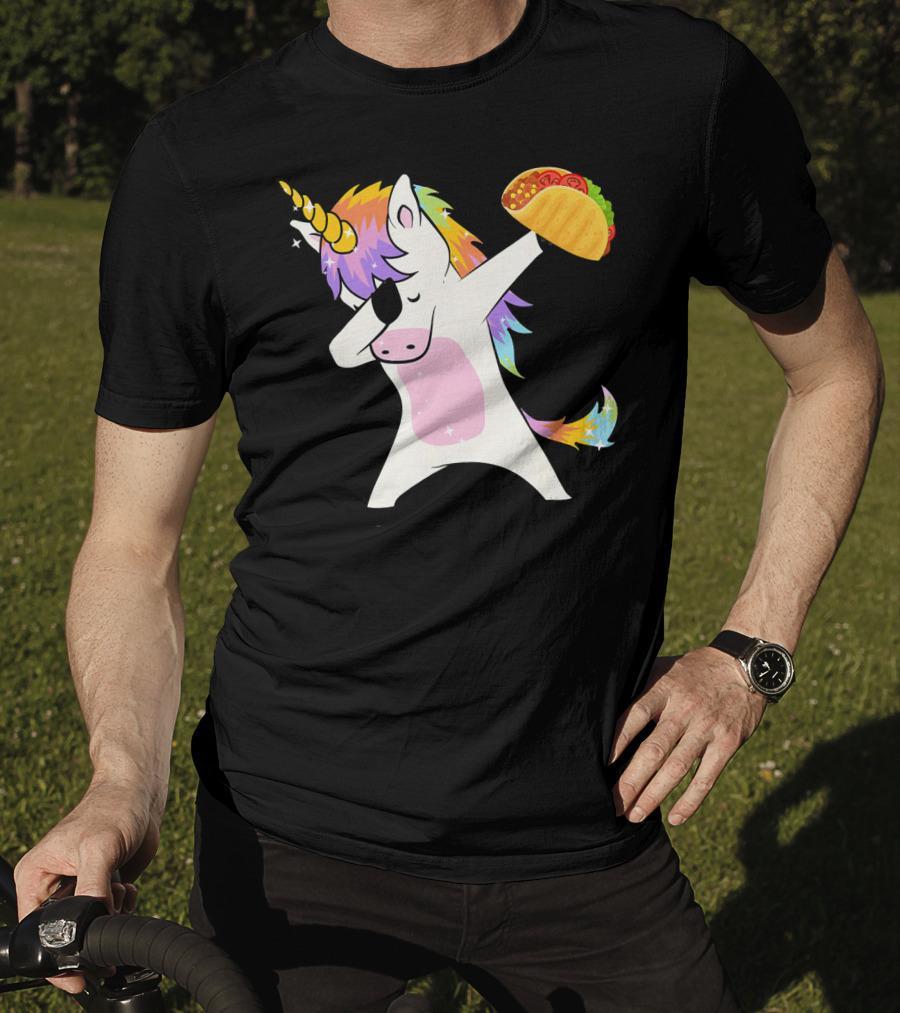 Unicorn Dabbing With Taco And Rainbow Mane T-Shirt