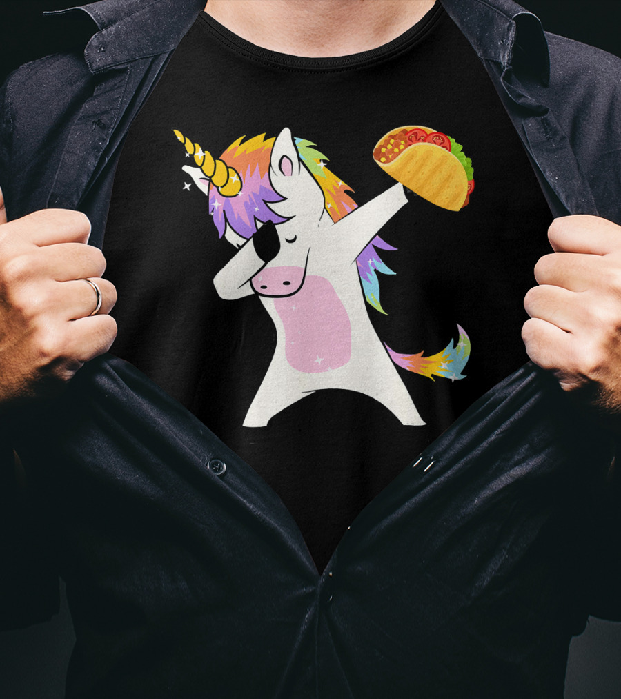 Unicorn Dabbing With Taco And Rainbow Mane T-Shirt