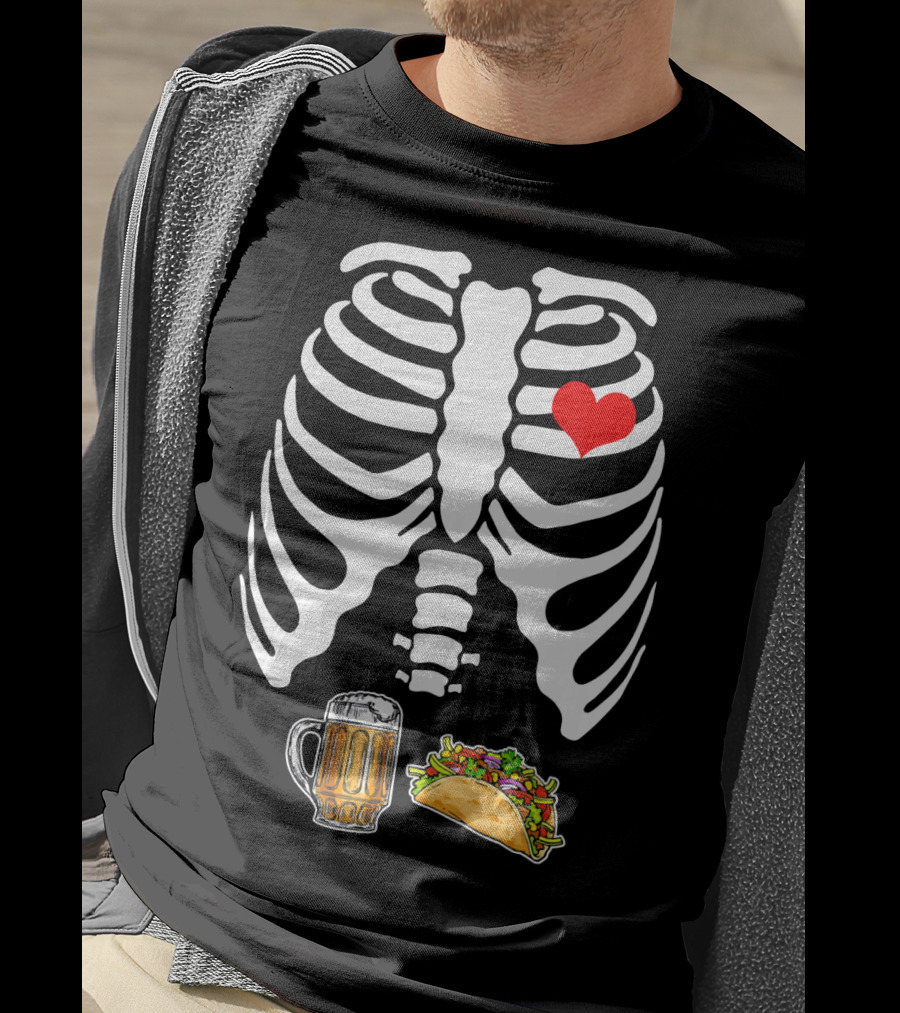 Pregnant Skeleton With Heart, Tacos, And Beer T-Shirt