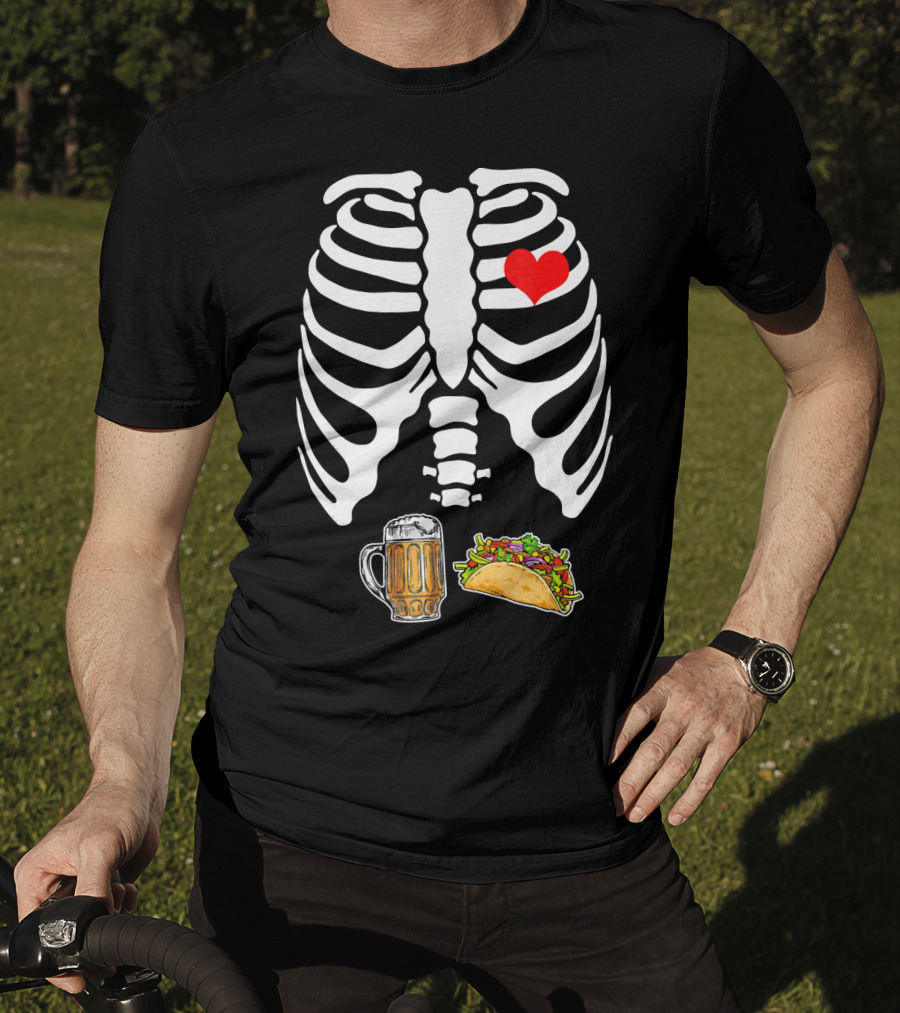 Pregnant Skeleton With Heart, Tacos, And Beer T-Shirt