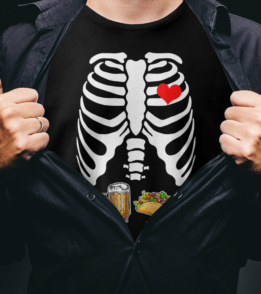 Pregnant Skeleton With Heart, Tacos, And Beer T-Shirt