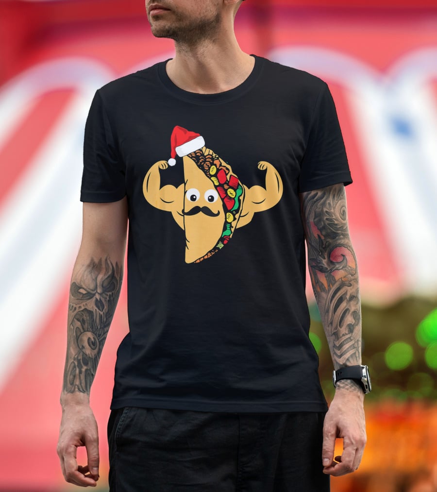 Funny Taco With Santa Hat And Mustache Flexing Muscles Family T-Shirt