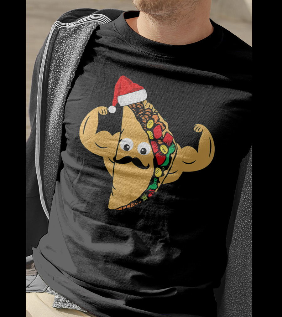 Funny Taco With Santa Hat And Mustache Flexing Muscles Family T-Shirt